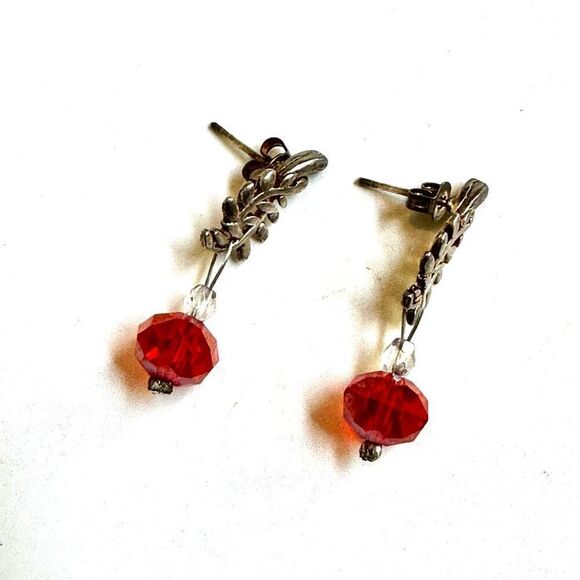 Silver tone leaf red crystal drop earrings - Picture 9 of 11